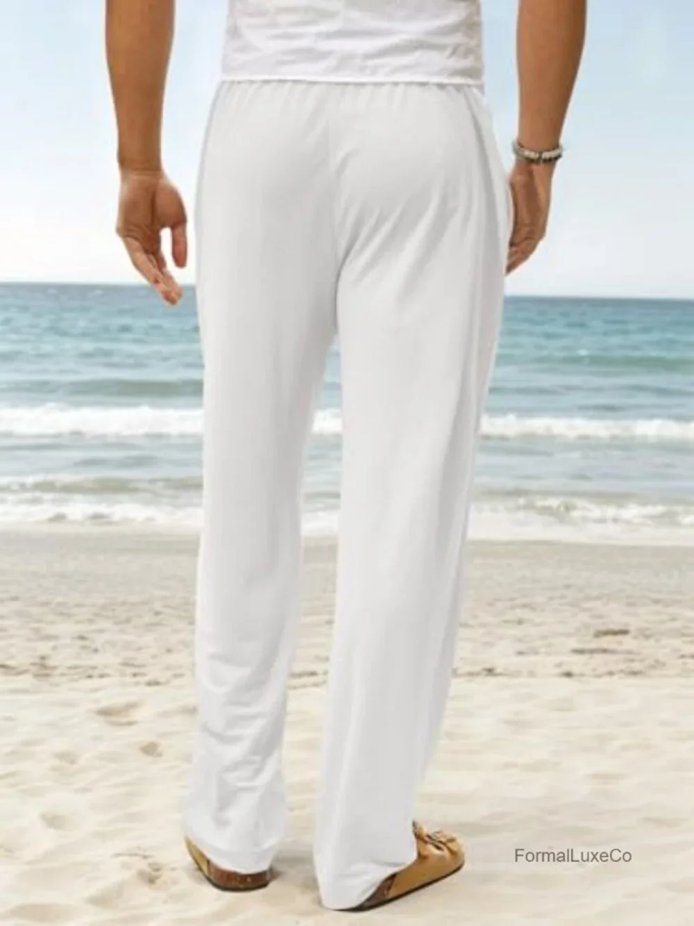 Men's Summer Casual Linen Pants Elastic Drawstring Waistband Straight Leg